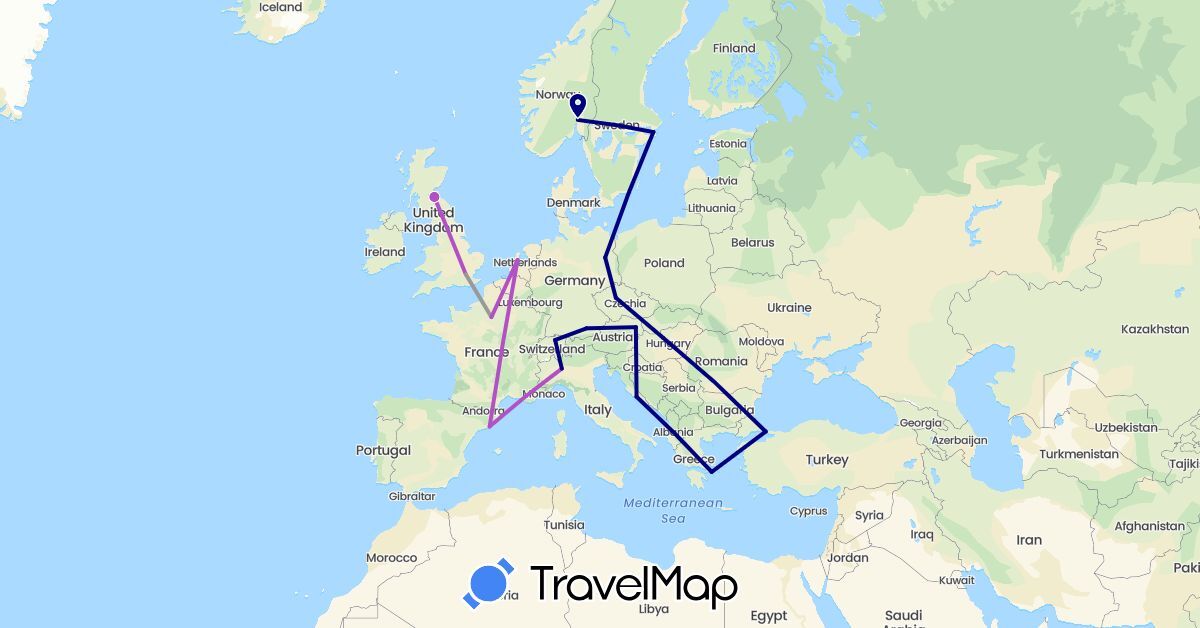 TravelMap itinerary: driving, plane, train in Austria, Switzerland, Czech Republic, Germany, Spain, France, United Kingdom, Greece, Croatia, Hungary, Italy, Netherlands, Norway, Sweden, Turkey (Asia, Europe)